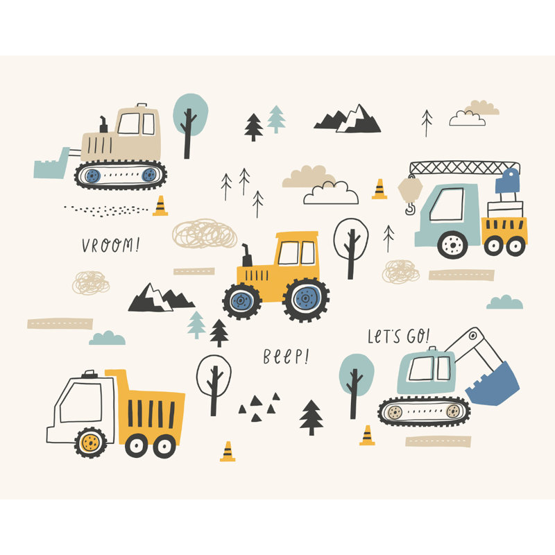 Tractors And Diggers - Wall Mural, 280cm L x 350cm W , Blue