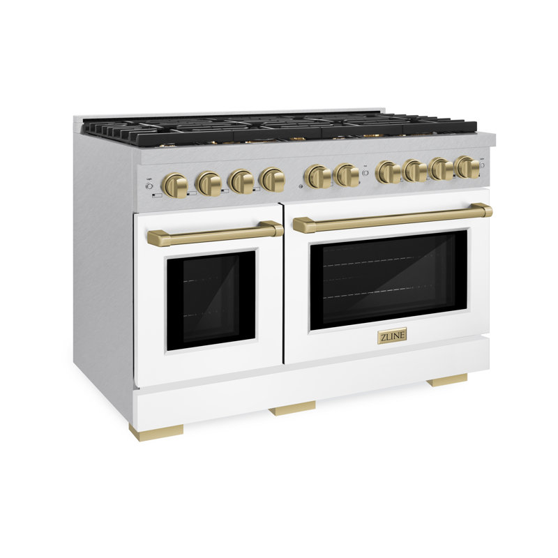 Cuisinière à gaz ZLINE Autograph Edition de 48 po avec 8 brûleurs ZLINE, Blanc / bronze champagne, Double carburant