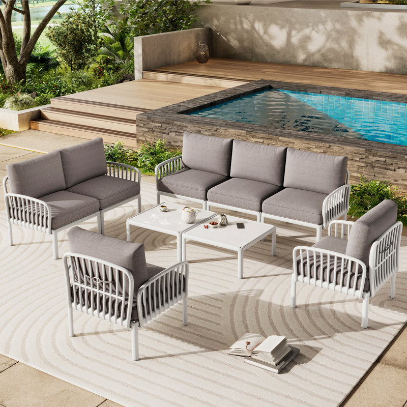 Ensemble de conversation pour patio 9 pièces, ensemble de mobilier modulaire d'extérieur moderne avec deux tables basses carrées, coussins épais et imperméables pour porche, balcon, blanc et gris clair