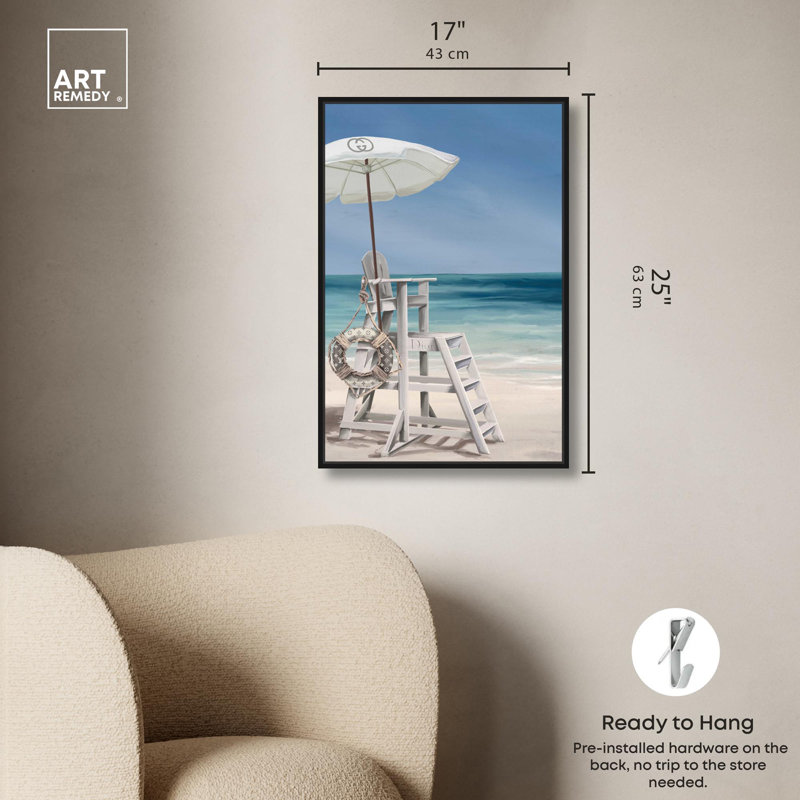«Classic Lifeguard View», art mural côtier vibrant par Art Remedy, H 16 po x l 11 po, Cadre noir