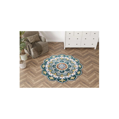 Tapis décoratif rond à motif floral tissé bleu à motif traditionnel