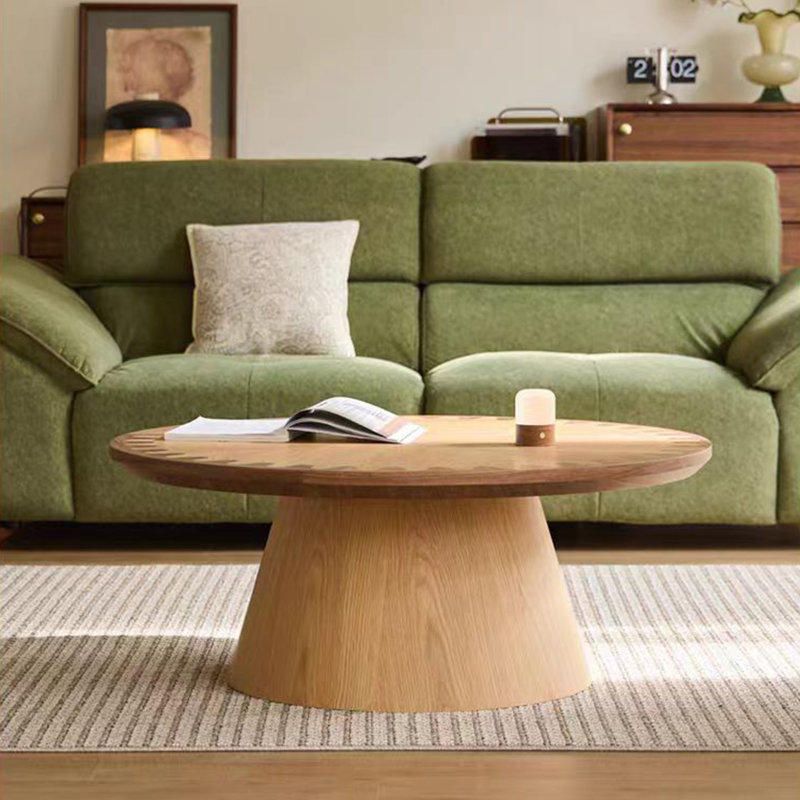 35” Round Coffee Table, Modern Oak & Walnut Dual-Wood Inlay with Gear Edge, Stylish Living Room Center Table