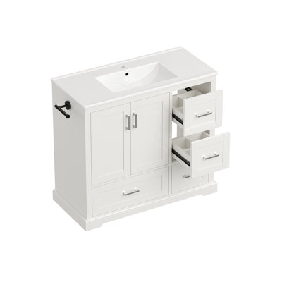 Meuble-lavabo blanc 42 po avec lavabo en céramique 42 po - Armoire autoportante à 4 tiroirs (top 2 avec séparateurs), portes à fermeture en douceur avec tablettes intérieures, porte-serviettes latéral réversible, poignées argentées, panneau de fibres à densité moyenne