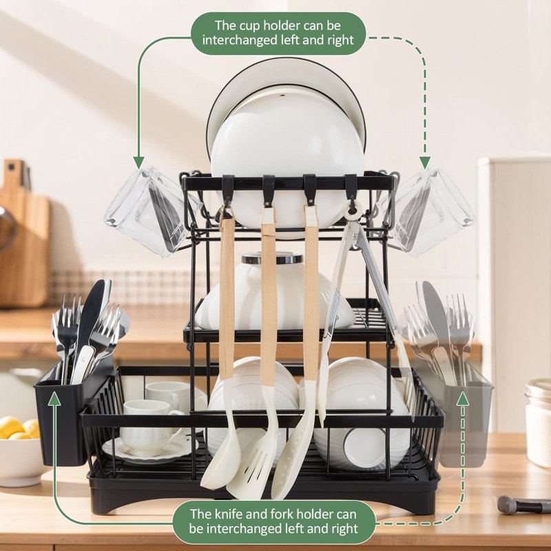 3-Tier Black Metal Dish Drying Rack with Utensil Cup