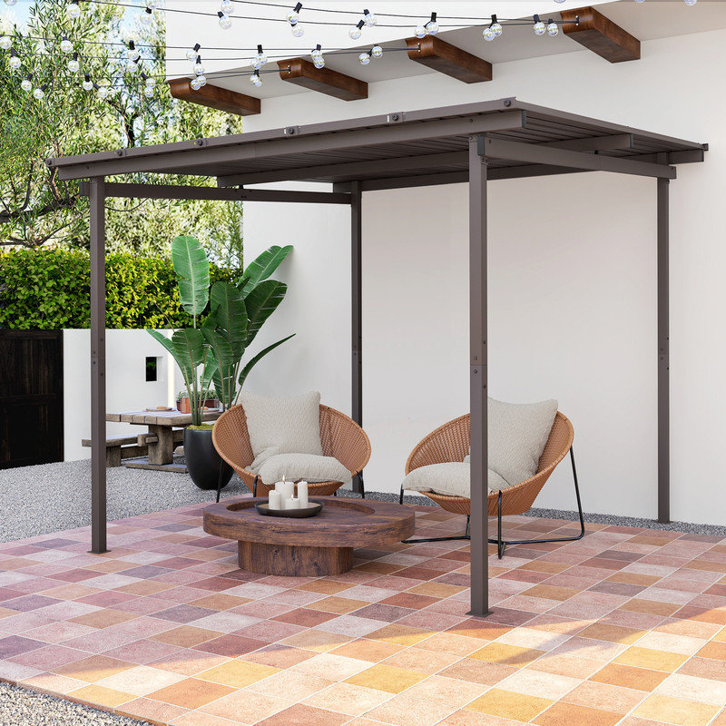 Brown Lean-To Hardtop Metal Pergola 3 Metre by 3 Metre Sloped Waterproof Steel Roof Outdoor Patio Shelter with Powder Coated Support Posts for Backyard Family Gathering Space