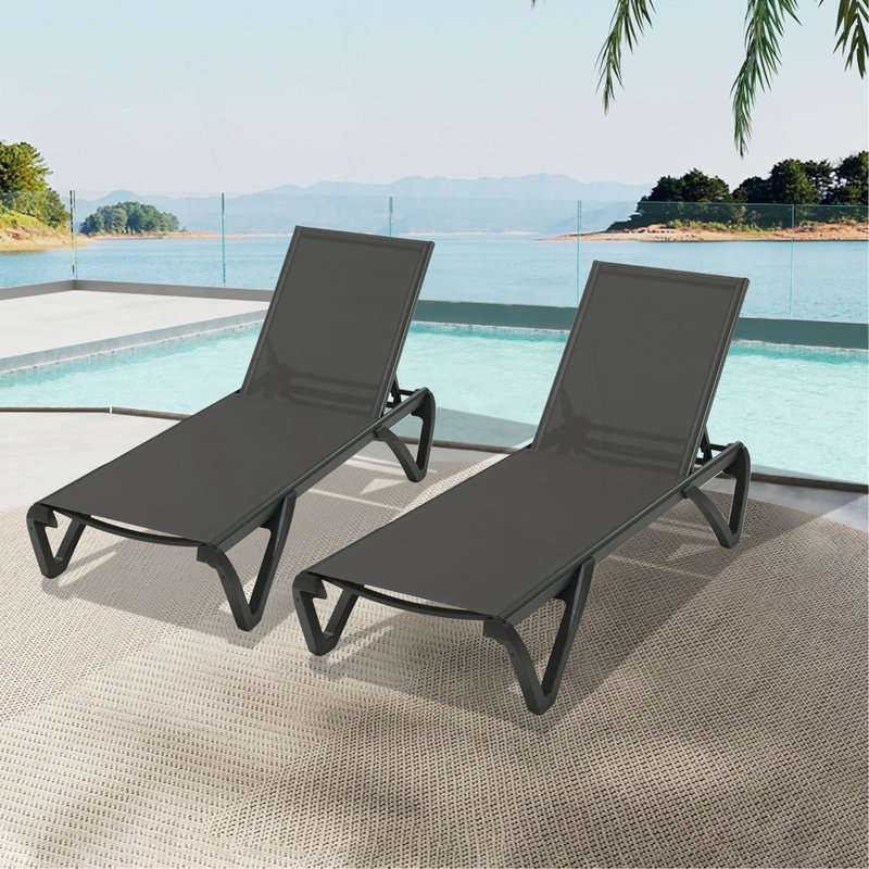 Pool Lounge Chairs Set Of 2, Aluminum Adjustable Outdoor Chaise Lounge With Wheels, All Weather Poolside Chairs For Deck Lawn Patio Backyard, Textilene