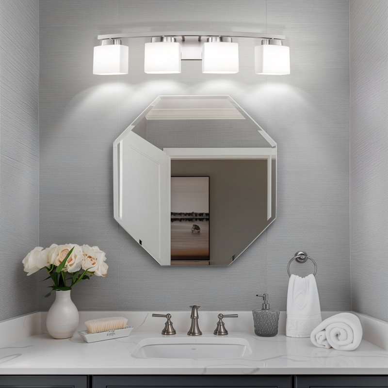 Éclairage pour meuble-lavabo carré 4 lumières moderne pour salle de bain, chambre à coucher avec bras courbés et abat-jour en verre blanc laiteux