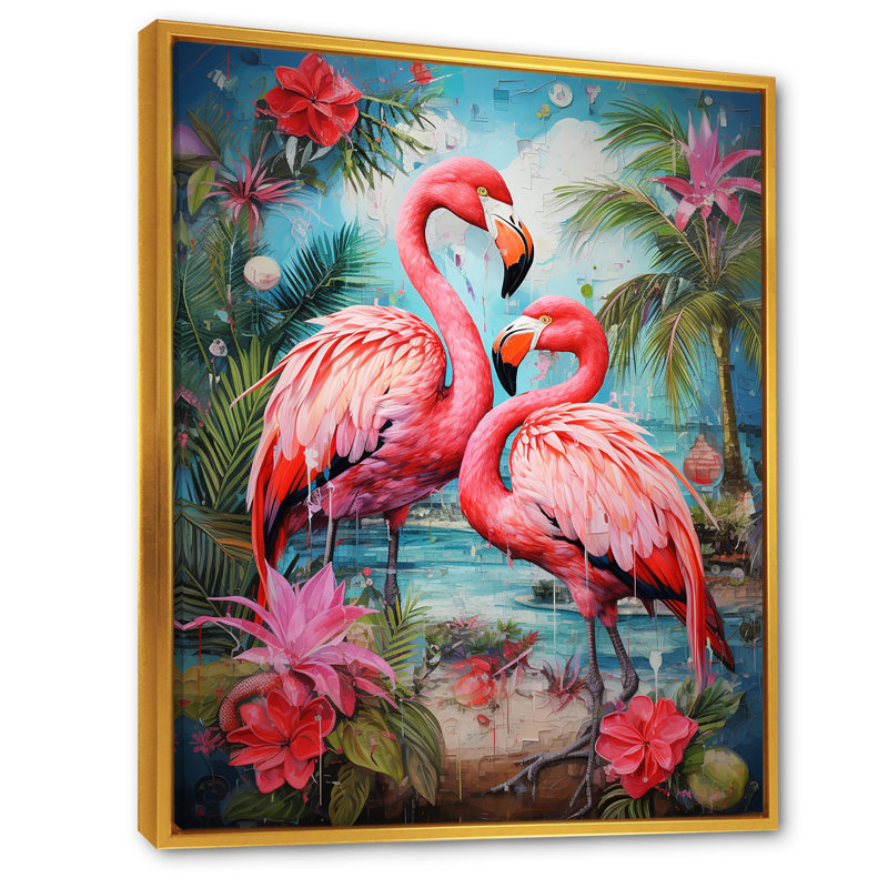 Pair Of Flamingo Framed On Canvas Print, Gold Floater Framed, 44" H x 34" W