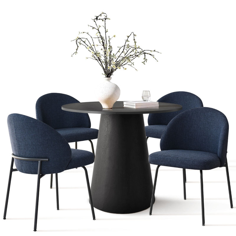 Ensemble de table de salle à manger 5 pièces pour 4 personnes avec table à piédestal noir et 4 chaises rembourrées, Bleu