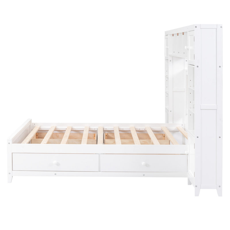 Lit en bois blanc avec armoire, tablette intégrée et rangement intégré - option élégante