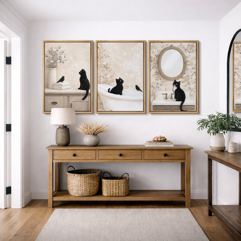 Art de chat fantaisiste, images de salle de bain et de coiffeuse, impression sur toile encadrée, 3 pièces, Cadre naturel