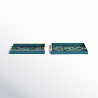 Set of 2 Blue Plastic Trays with Gold Marbled Patterns, Decorative Nesting Trays for Serving
