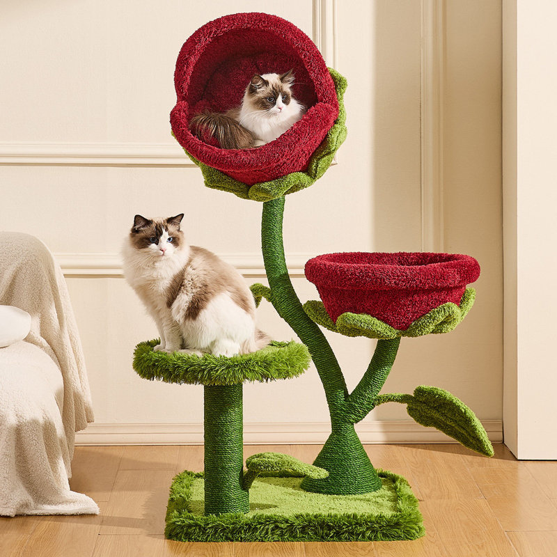 Grand arbre à chat rouge 50,8 po avec deux fleurs, rose doux, pour chat et chat