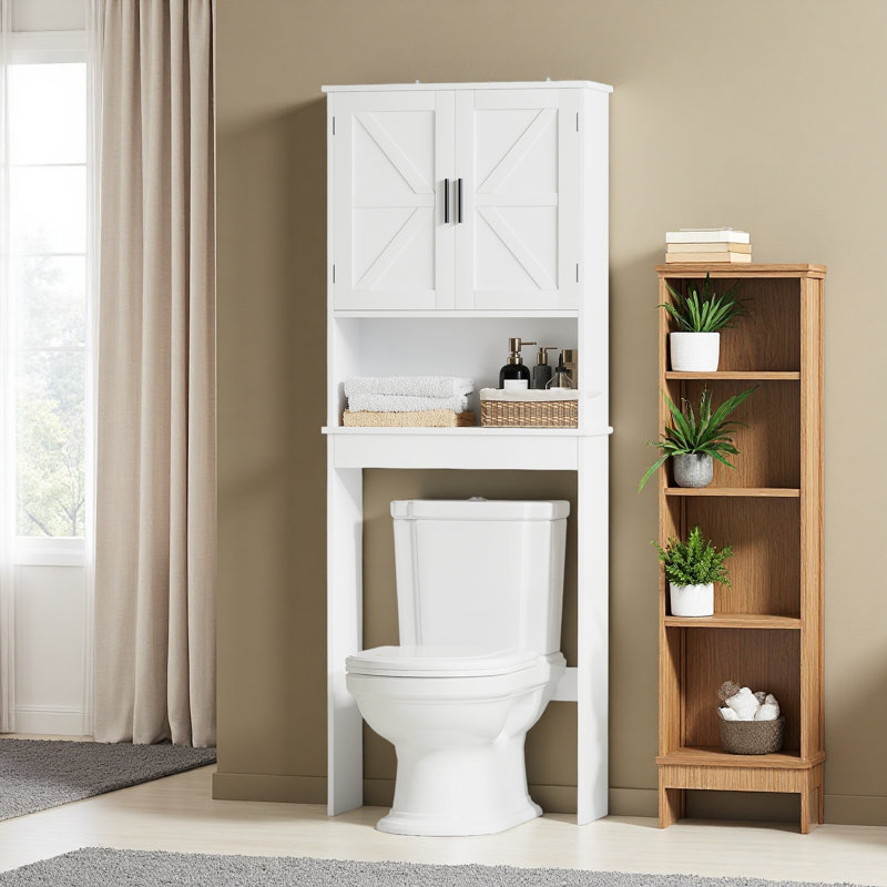 Armoire de rangement au-dessus de la toilette avec tablette réglable, organisateur d'économie d'espace de salle de bain avec portes doubles et tablette ouverte, support de toilette autoportant pour petite salle de bain