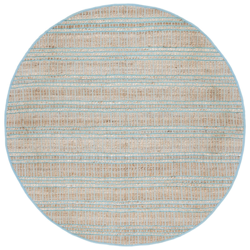 Sekani Natural Fiber Flat Weave Jute/Cotton Striped Rug in Teal/Natural, Round 7'