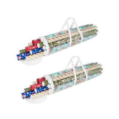 Wrapping Paper Storage - 2 Organizers for 50 Rolls of Gift Wrap - Clear Totes with Handles for Holiday, Christmas, or Any Occasion