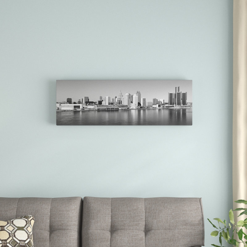 « détroit horizon cityscape », reproduction de photo sur toile tendue, H 12 po x l 36 po x P 1,5 po, Toile avec cadre noir