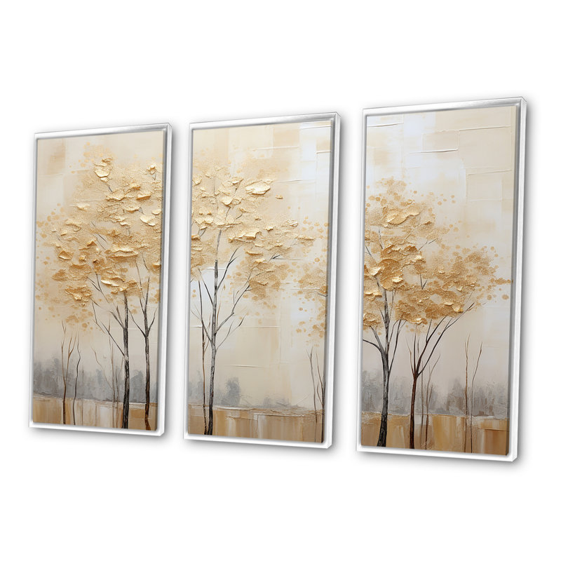 Minimalisme Golden Trees Tranquility I - ensemble d'art sur toile, H 40 po x l 60 po, Cadre flottant blanc