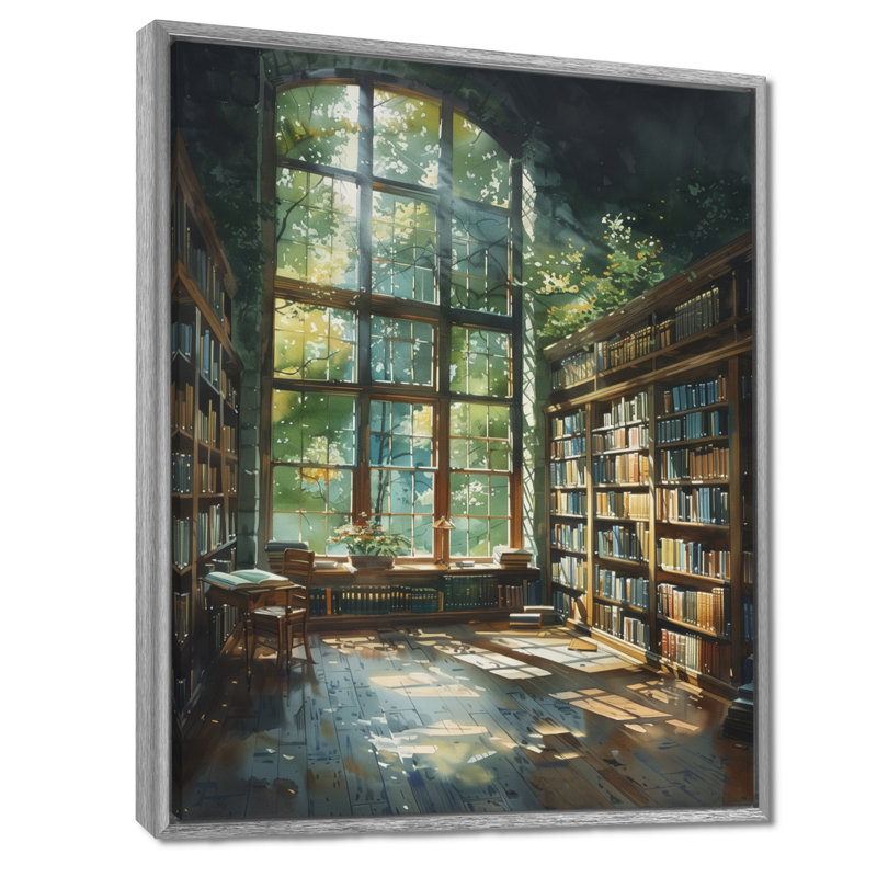 Bibliothèque verte et brune, Quiet Haven II - Art encadré avec bibliothèque, H 16 po x l 32 po, Encadrement argenté