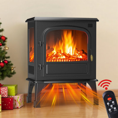Freestanding Electric Fireplace Stove Heater With 3D Flame Effect And Remote Control
