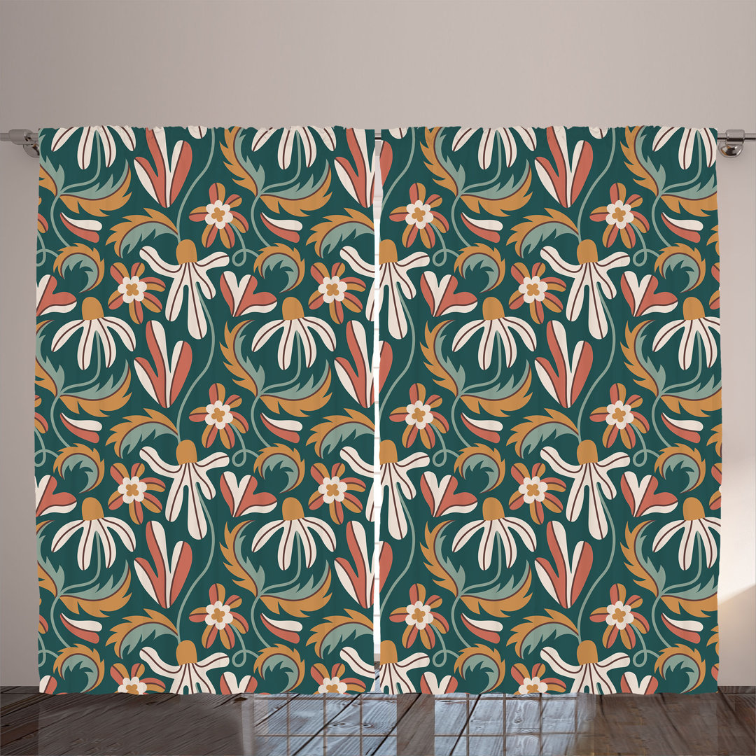 Rustic curtain, retro abstract daisies, floral, pale rust gray teal amber