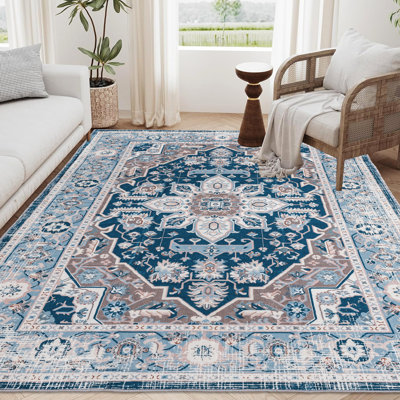 Area Rug 8X10 Vintage Style, Bohemian Washable Non-Slip For Kitchen, Blue Flower , Retro Decor Living Room,