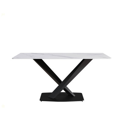 63-Inch Modern Artificial Stone White Straight Edge Black Metal X-Leg Dining Table -6 People