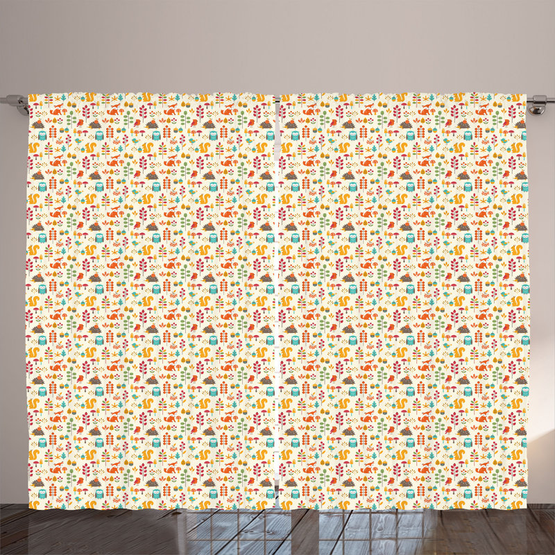 Rustic curtain, owl fox squirrel birds, multicolored