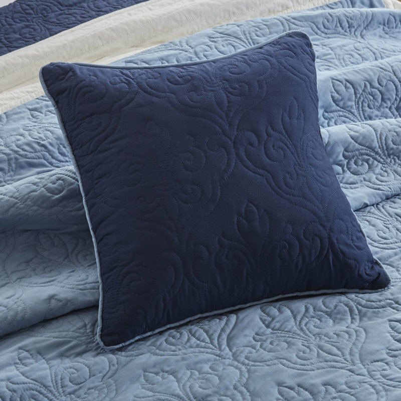 Courtepointe double / grand 7 pièces avec coussins décoratifs et taies décoratives européennes - bleu marine, motif à médaillon, bordure réversible de couleur unie, microfibre