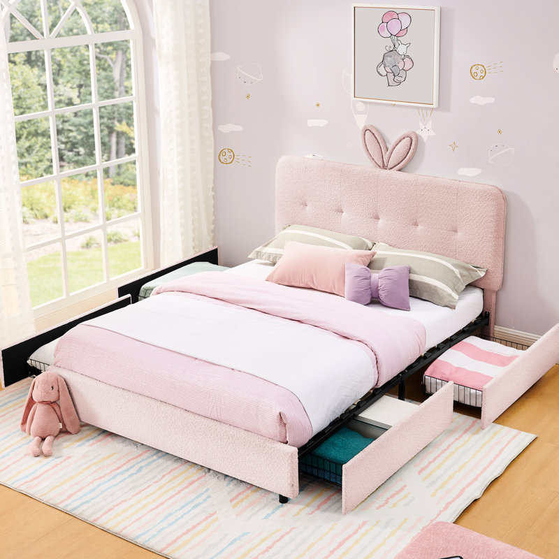 Lit double avec tête de lit pour oreilles de lapin, lumières à DEL et 4 tiroirs dans une boucle douce et respirante pour une chambre mignonne et confortable