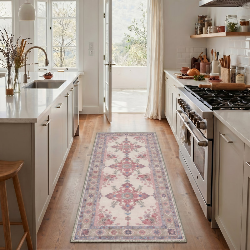Bloomfield Vintage Floral Machine Washable Blue / Pink / Beige Indoor Area Rug with Non-Slip Backing, Runner 2' x 6'
