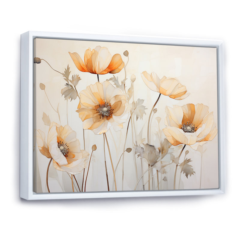 Beige Poppy Meadow Melody V, Cadre flottant blanc, 16" H x 32" W