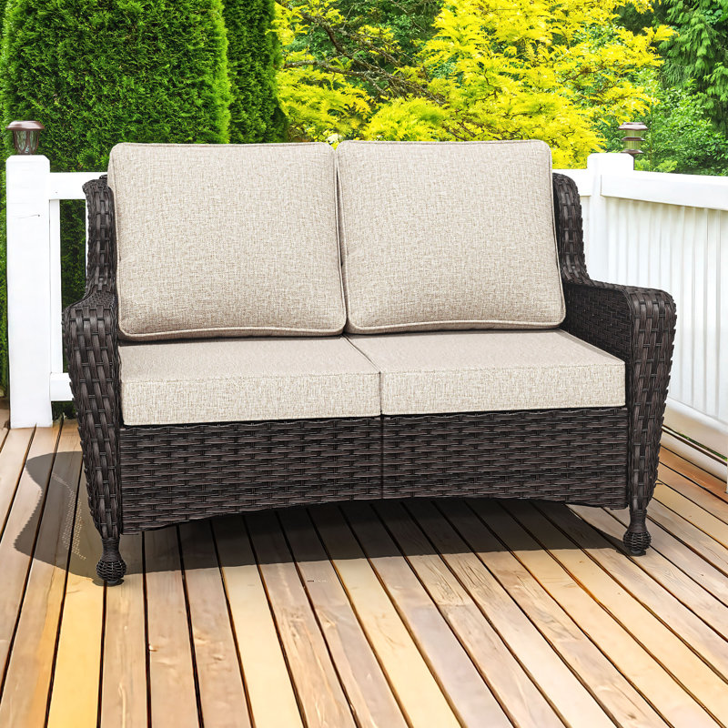 Outdoor Patio Rattan Loveseat With Cushions, Beige