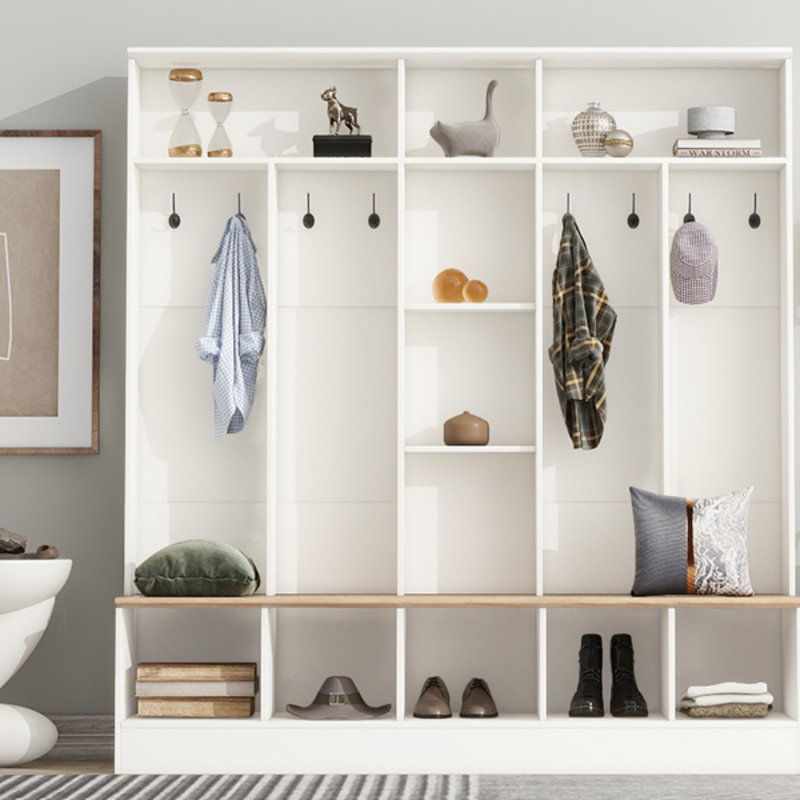 Arbre d'entrée large avec banc de rangement, armoire à chaussures minimaliste et 8 crochets pour les entrées, vestibule