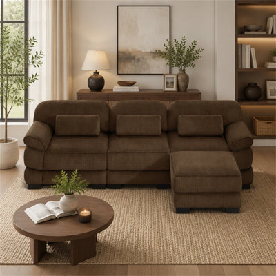 Canapé modulaire en L surdimensionné en forme de L Cloud Couch, canapé 3 places avec repose-pieds, coussins de siège confortables et épais, tissu en velours côtelé respirant, brun pour le salon