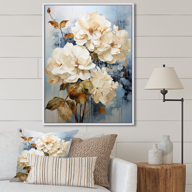 «Minimal Beige Hydrangea Grace», reproduction sur toile, Cadre flottant blanc, H 20 po x l 12 po x P 1 po