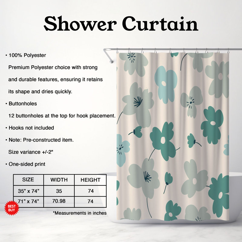 Rideau de douche 1 pièce Teal and Mint Floral Designs, H 74 po x l 71 po