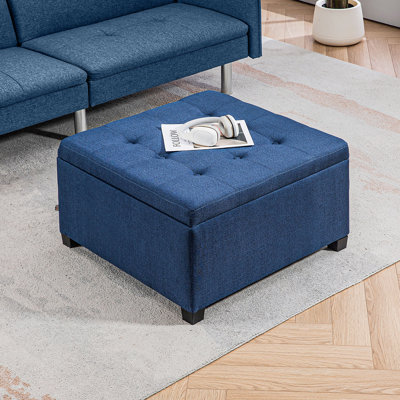 Fabric Tufted Storage Ottoman With Flip Top Seat Lid, Metal Hinge And Stable Eucalyptus Wood Frame For Living Room, Entryway, Or Bedroom, Blue