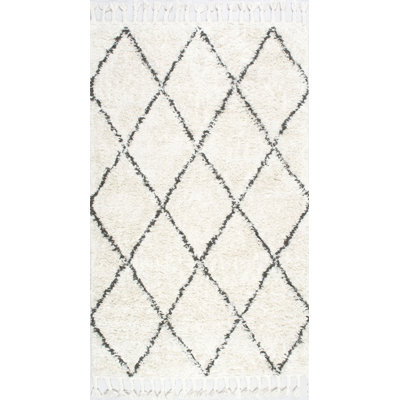 Twinar Geometric Hand Knotted Wool Off White/Dark Gray Shag Area Rug