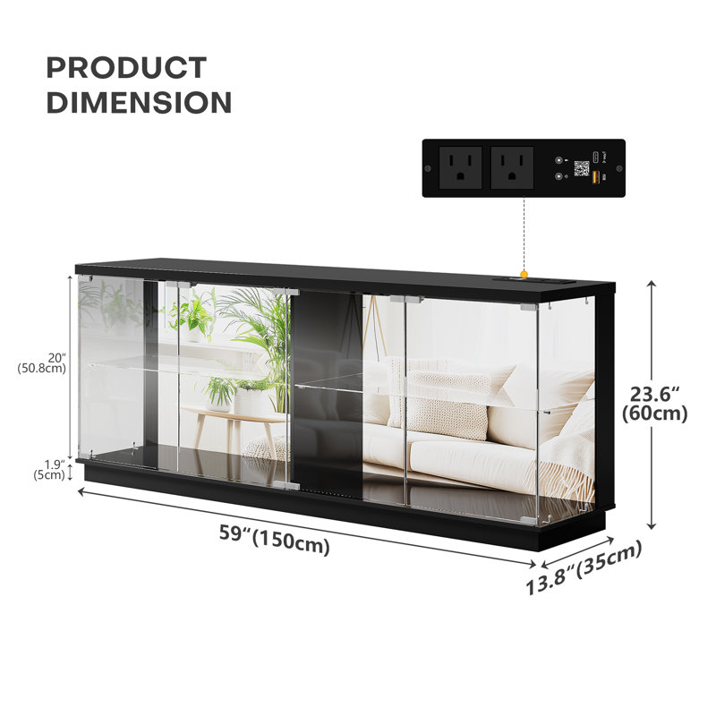 59'' W Display Cabinet With Rgb Light, Motion Sensor, Charging Station, Black