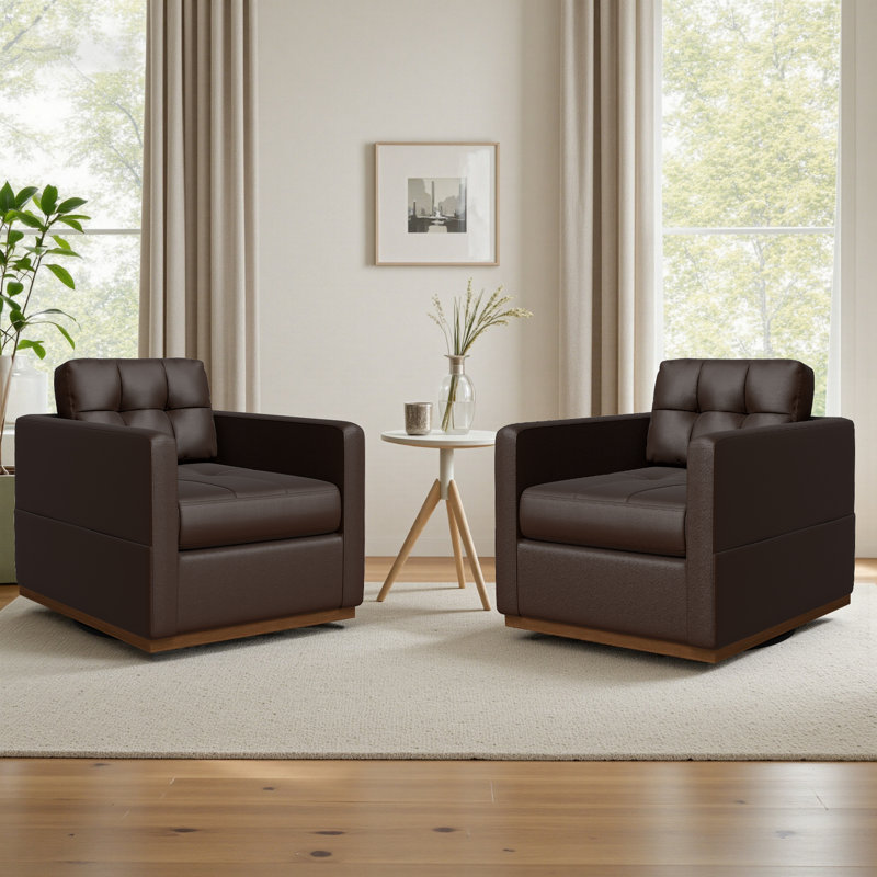 34.3″ Wide Leather Swivel Armchair With Wood Base, Coffee
