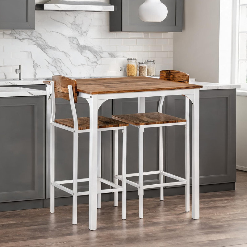 Ensemble de table de bar carré 3 pièces, pouvant accueillir jusqu'à 2 personnes, structure en acier avec repose-pieds, blanc classique