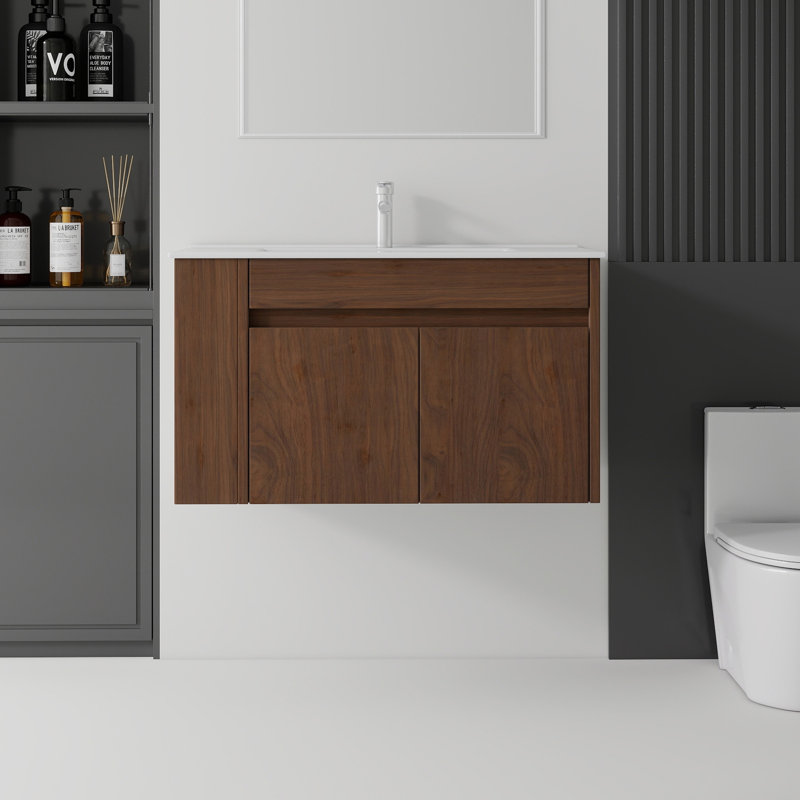 Meuble-lavabo flottant avec lavabo, Brun, 30" W