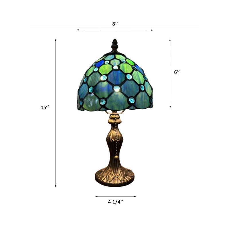 Haruko Tiffany Mini Table Lamp Blue Stained Glass Crystal Beans Pull Chain Switch LED Bulb Included  8" D*8" W*15" H