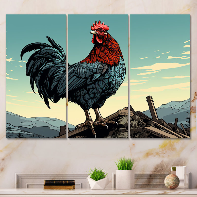 Coq à la ferme, lever de soleil, Toile tendue, H 32 po x l 48 po