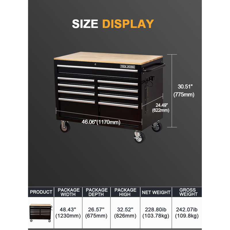 Ultimate 46-inch Extra-deep 9-drawer Rolling Tool Chest With Power Strip And Wooden Top
