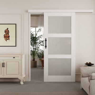 Hidden Style Track White Primed 3-Lite Frosted Glass Sliding Barn Door With Hardware Kit with Round Handle(No Assembly Required)