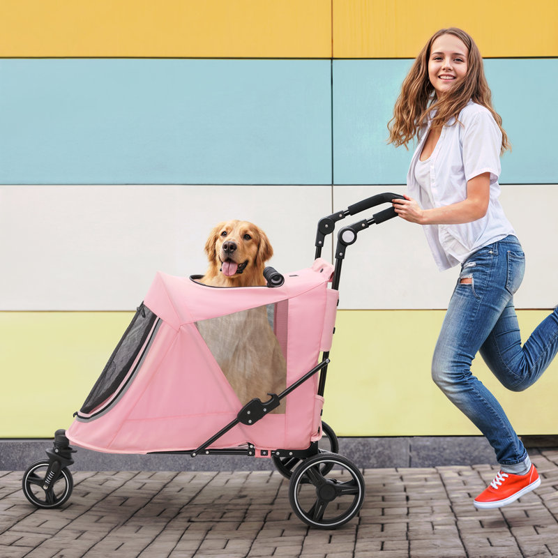 Large Gray Steel Frame Dog Stroller with Rubber Wheels