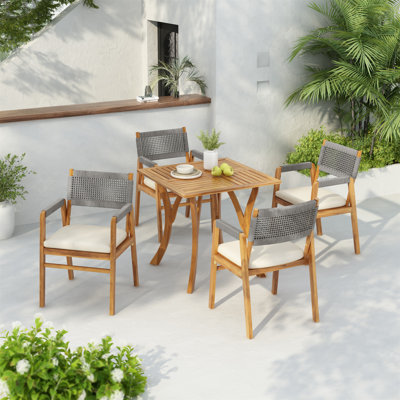 Ensemble bistro d'extérieur rustique en acacia avec coussins 5 pièces