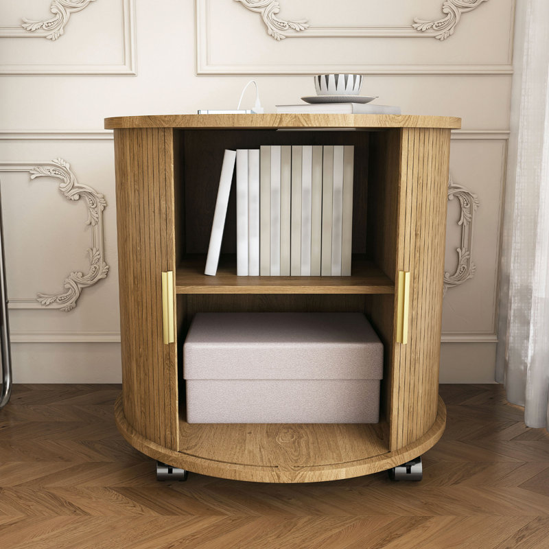 Ensemble de 2 tables de bout cylindriques de style Mid-Century moderne avec station de charge intégrée et porte coulissante, table de chevet ronde à 2 niveaux avec ports USB, table de chevet Osk pour le salon, la chambre à coucher, le vestibule
